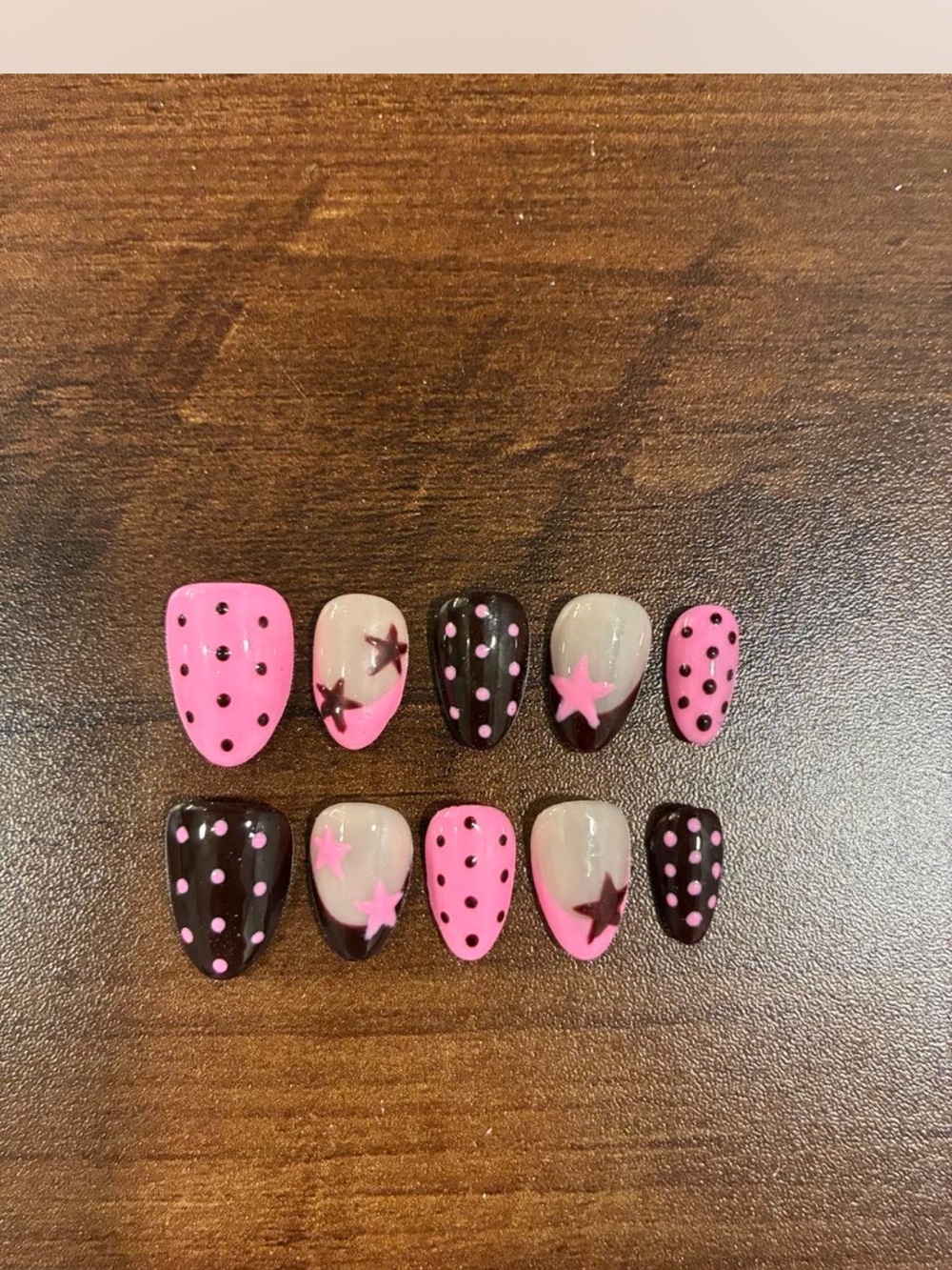 Handmade Pink & Brown Star Polka Press-On Nails